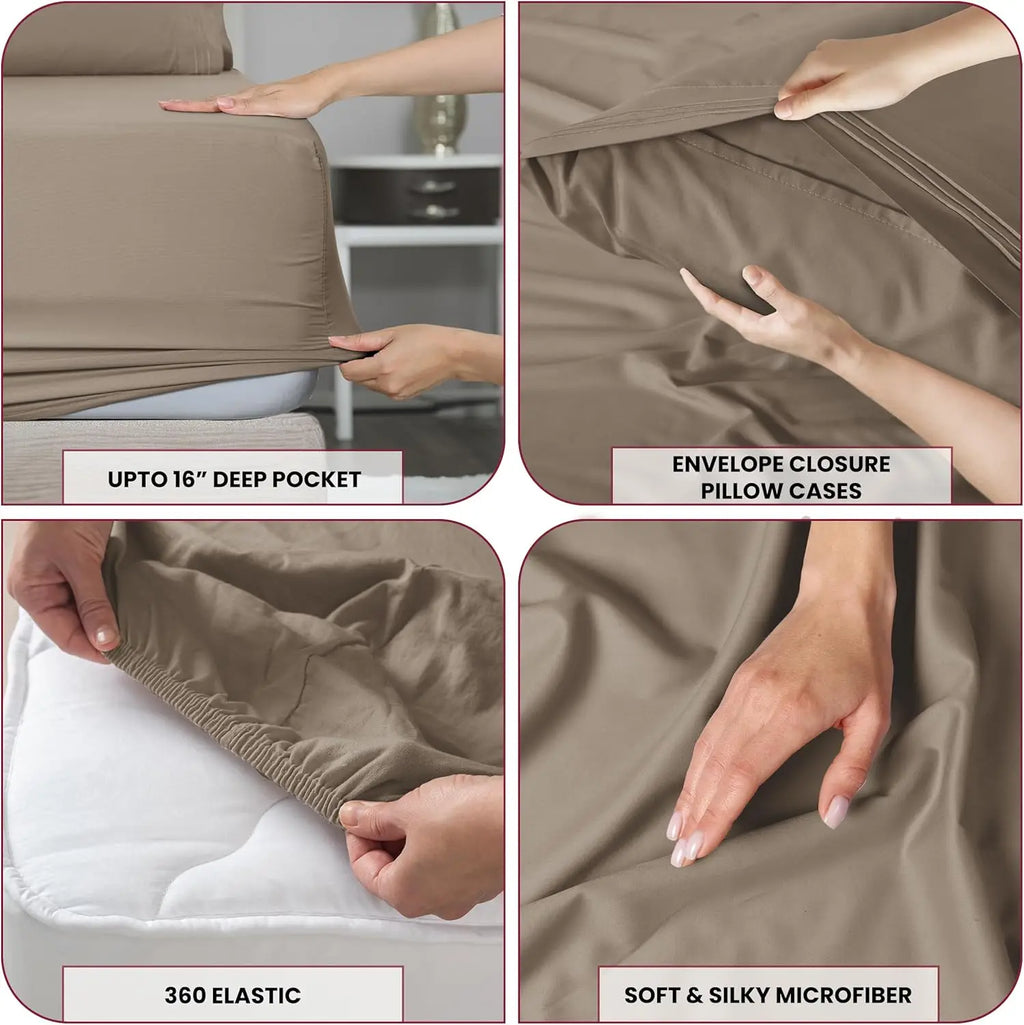 6 Piece Ultra-Soft Microfiber Bed Sheets with Flat Sheet, 16 Inches Deep Pocket Fitted Sheet