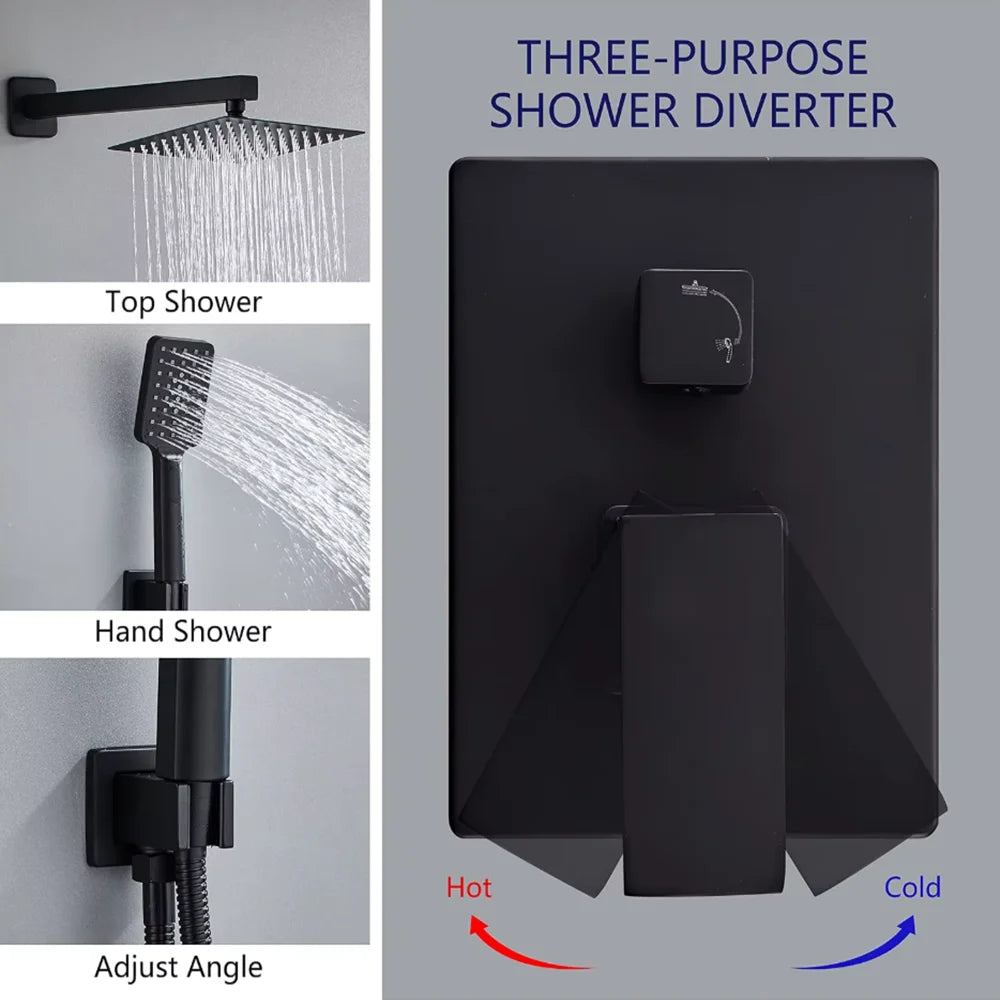 Embedded Wall Shower System Matte Black Square Rainfall Shower Set Concealed Bathroom Shower Faucet With Handheld Sprayer Rough In Valve
