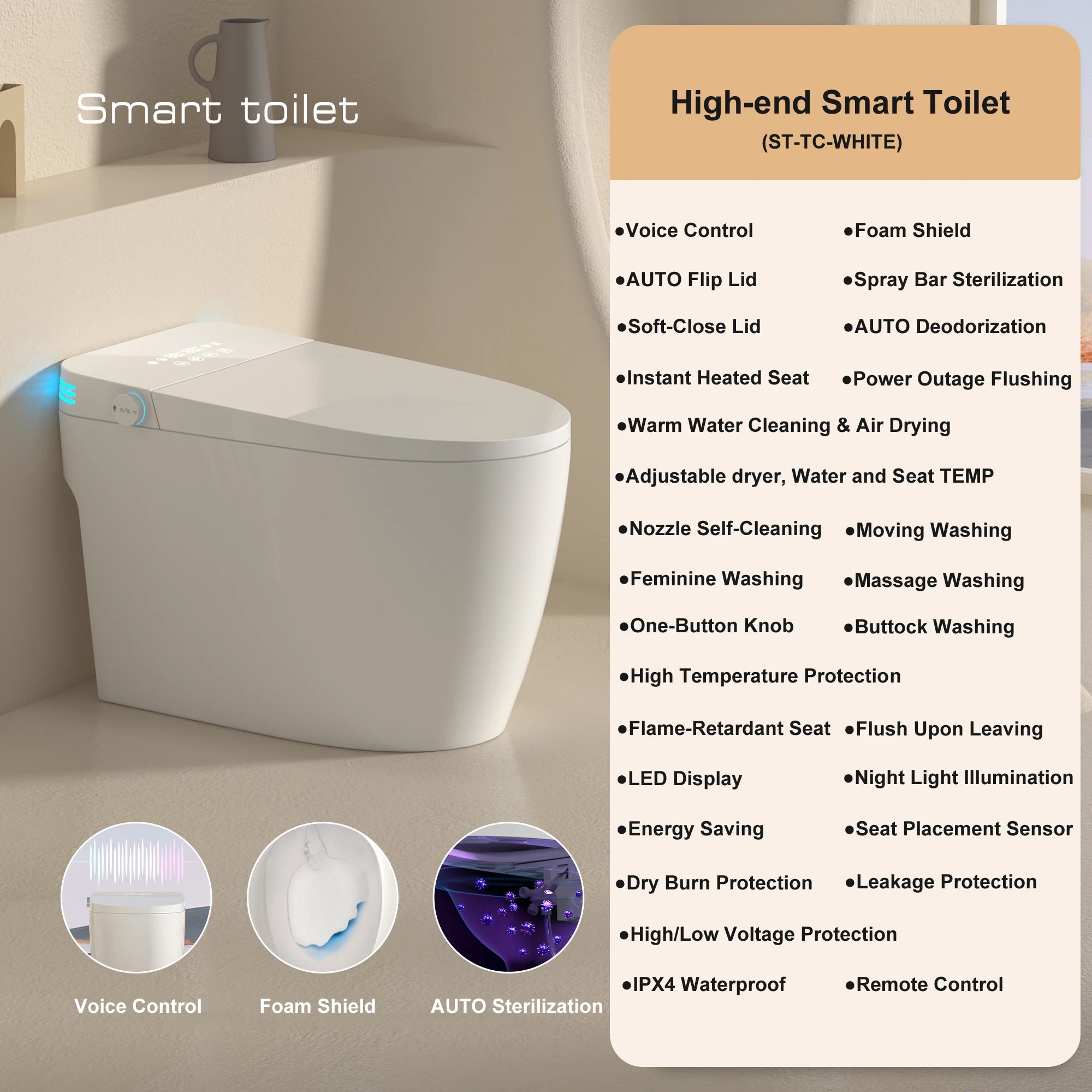 Smart Toilet with Built-in Bidet, AUTO Open/Close, Warm Water Sprayer, AUTO Dual Flush, Heated Bidet Toilet Seat