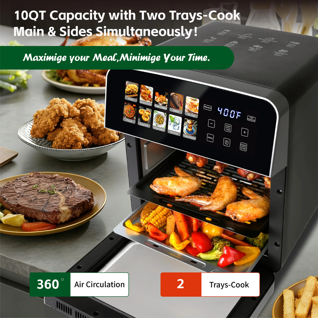 10QT Air Fryer Toaster Oven Combo with 10 Presets, Family Size Compact Oven for Roasting Whole Chicken/Double Cooking Easy Clean