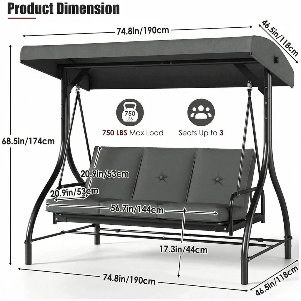 3-Seat Patio Swing with Adjustable Canopy, Backrest , Converting Bed, Thickened Removable Cushions, Up to 750LBS