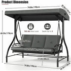 3-Seat Patio Swing with Adjustable Canopy, Backrest , Converting Bed, Thickened Removable Cushions, Up to 750LBS