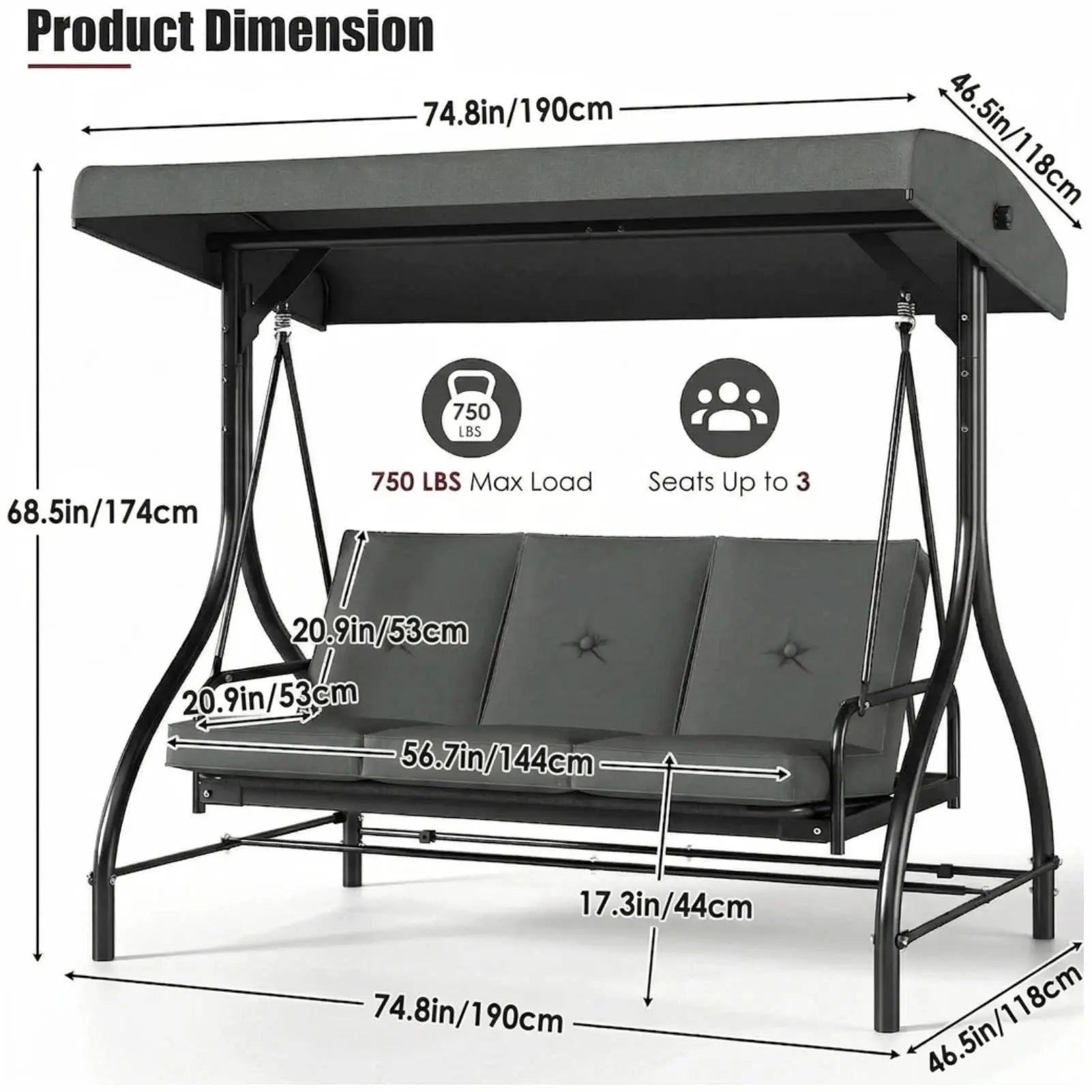 3-Seat Patio Swing with Adjustable Canopy, Backrest , Converting Bed, Thickened Removable Cushions, Up to 750LBS