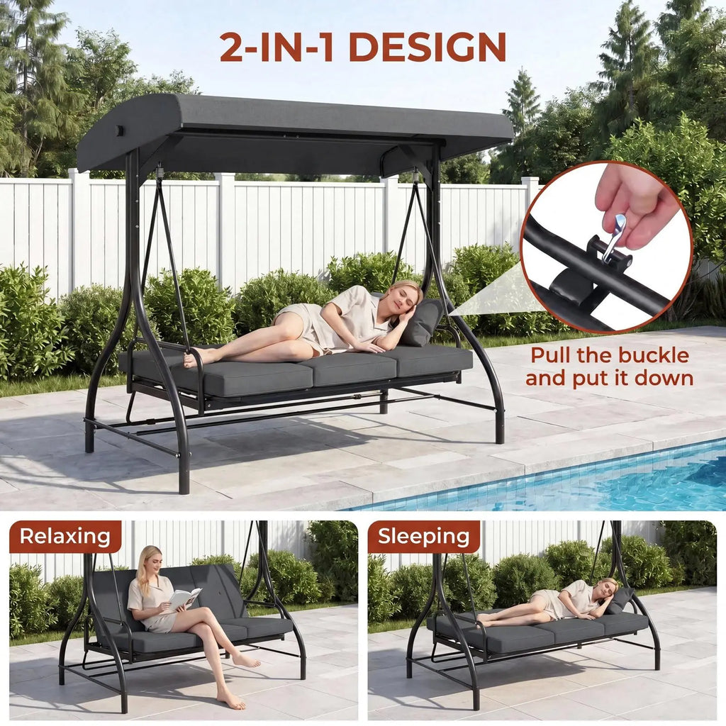 3-Seat Patio Swing with Adjustable Canopy, Backrest , Converting Bed, Thickened Removable Cushions, Up to 750LBS