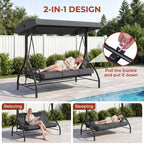 3-Seat Patio Swing with Adjustable Canopy, Backrest , Converting Bed, Thickened Removable Cushions, Up to 750LBS