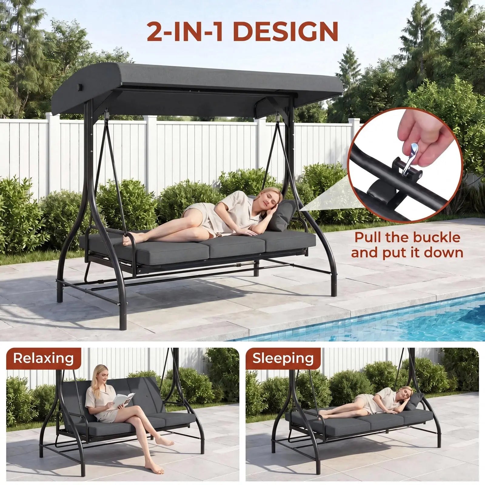 3-Seat Patio Swing with Adjustable Canopy, Backrest , Converting Bed, Thickened Removable Cushions, Up to 750LBS