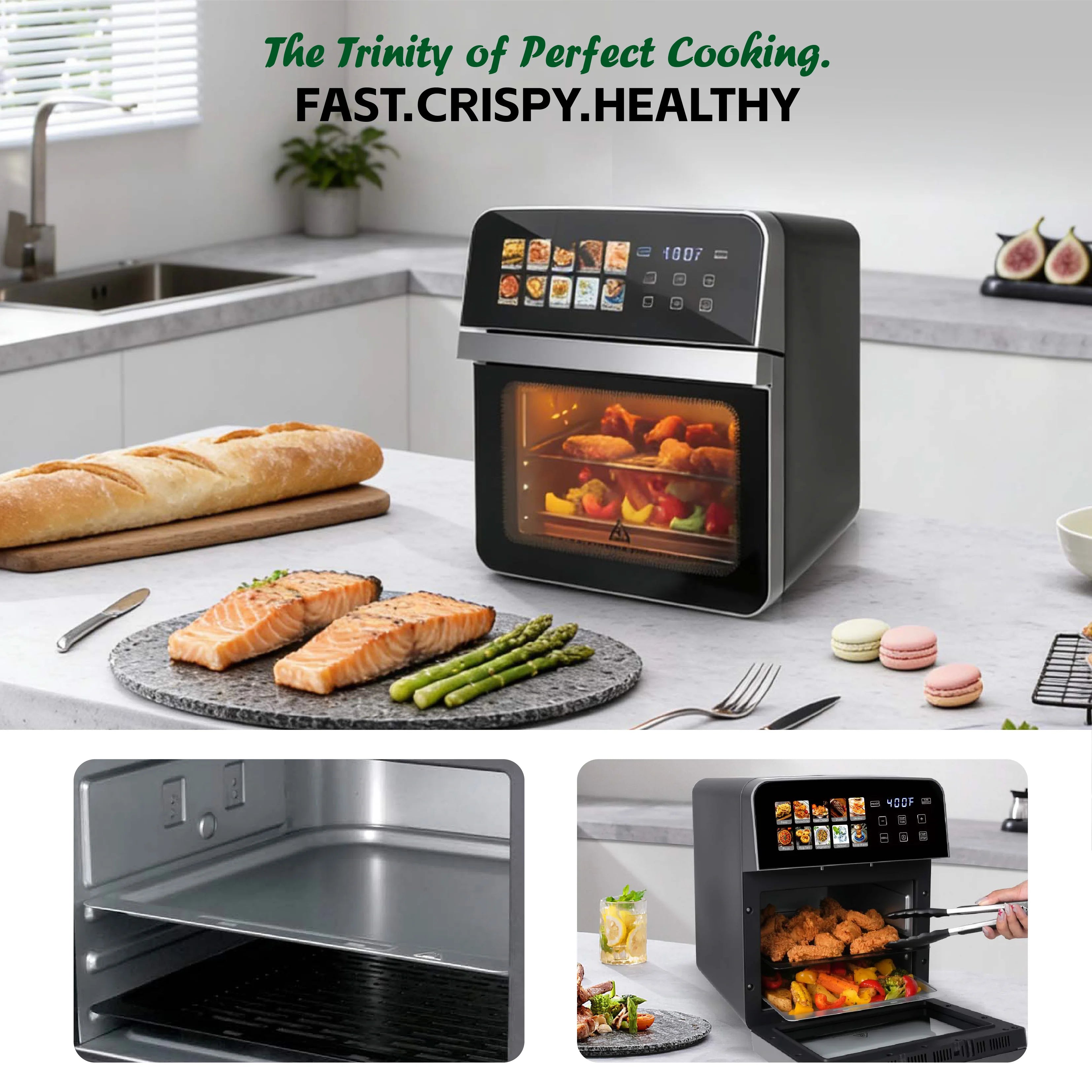 10QT Air Fryer Toaster Oven Combo with 10 Presets, Family Size Compact Oven for Roasting Whole Chicken/Double Cooking Easy Clean