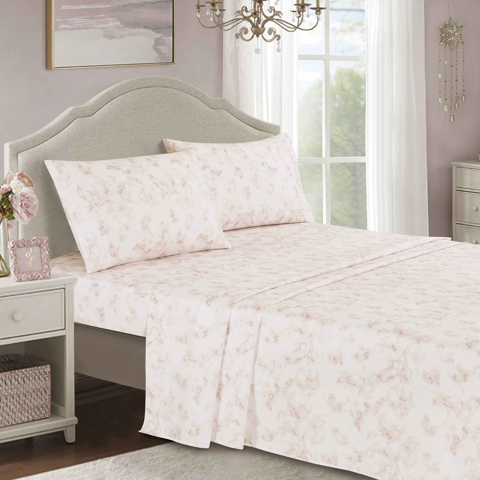 7 Piece Bed in a Bag Comforter Set, Marble Pattern Bedding Set with Sheets, Pink Grey All Season Bed Set for Bedroom