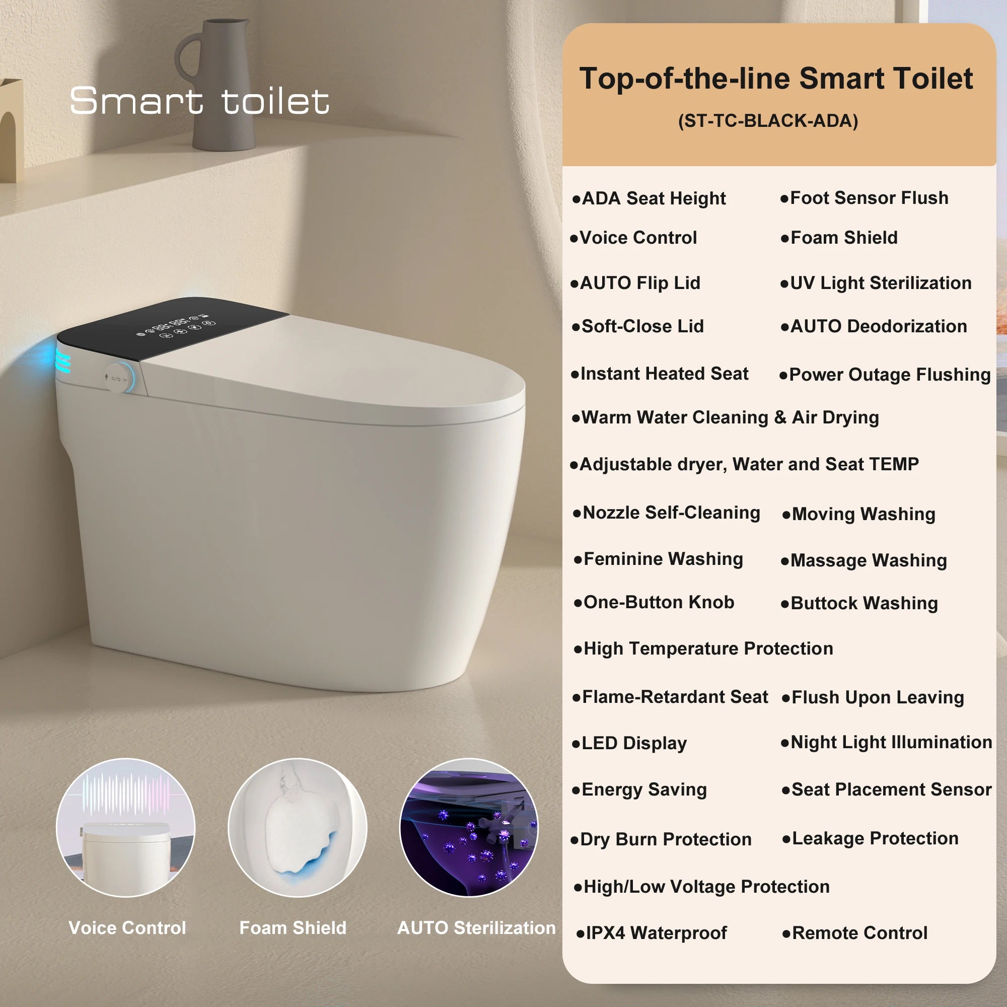 Smart Toilet with Built-in Bidet, AUTO Open/Close, Warm Water Sprayer, AUTO Dual Flush, Heated Bidet Toilet Seat
