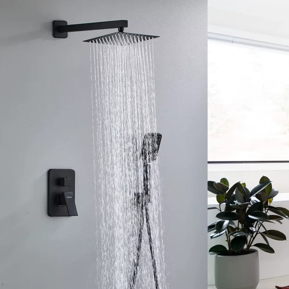 Embedded Wall Shower System Matte Black Square Rainfall Shower Set Concealed Bathroom Shower Faucet With Handheld Sprayer Rough In Valve