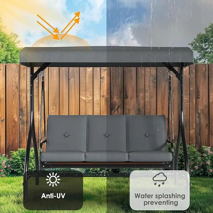3-Seat Patio Swing with Adjustable Canopy, Backrest , Converting Bed, Thickened Removable Cushions, Up to 750LBS