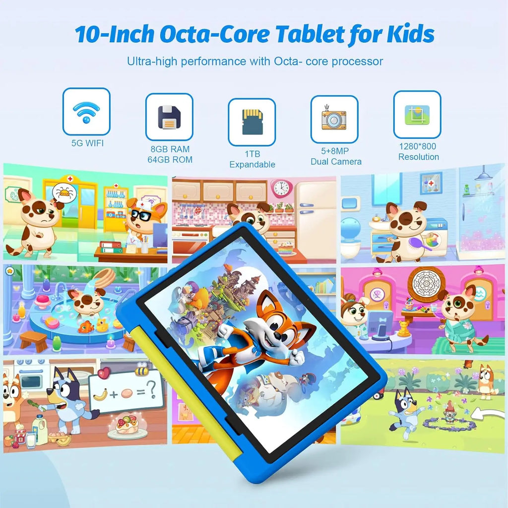 10 Inch Kids Tablet Android 14 Octa-Core 8GB RAM+64 GB ROM Parental Control with Kid Protective Case Great Gift for Toddler