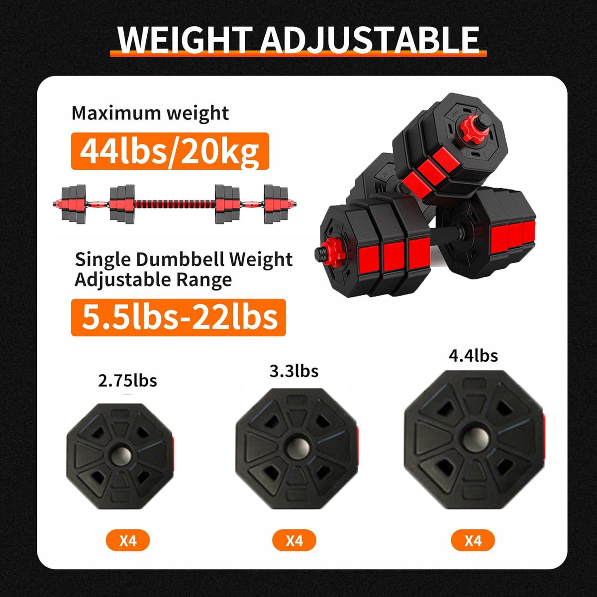 Adjustable Dumbbell Set 2 in 1 Convertible Barbell 5.5-44lbs Rubber Coated