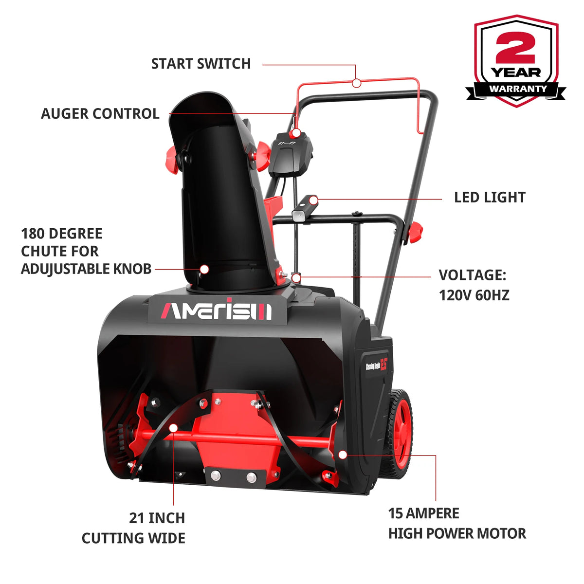 PowerSmart 15A Electric Snow Thrower, 21" Snow Blower with 180° Chute, LED Light, Lightweight for Yard, Driveway & Sidewalk