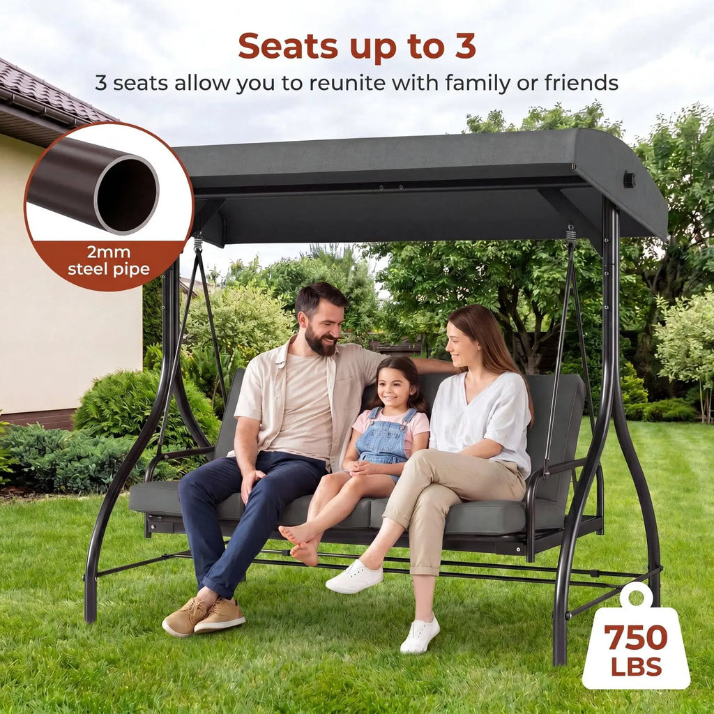 3-Seat Patio Swing with Adjustable Canopy, Backrest , Converting Bed, Thickened Removable Cushions, Up to 750LBS