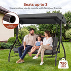 3-Seat Patio Swing with Adjustable Canopy, Backrest , Converting Bed, Thickened Removable Cushions, Up to 750LBS