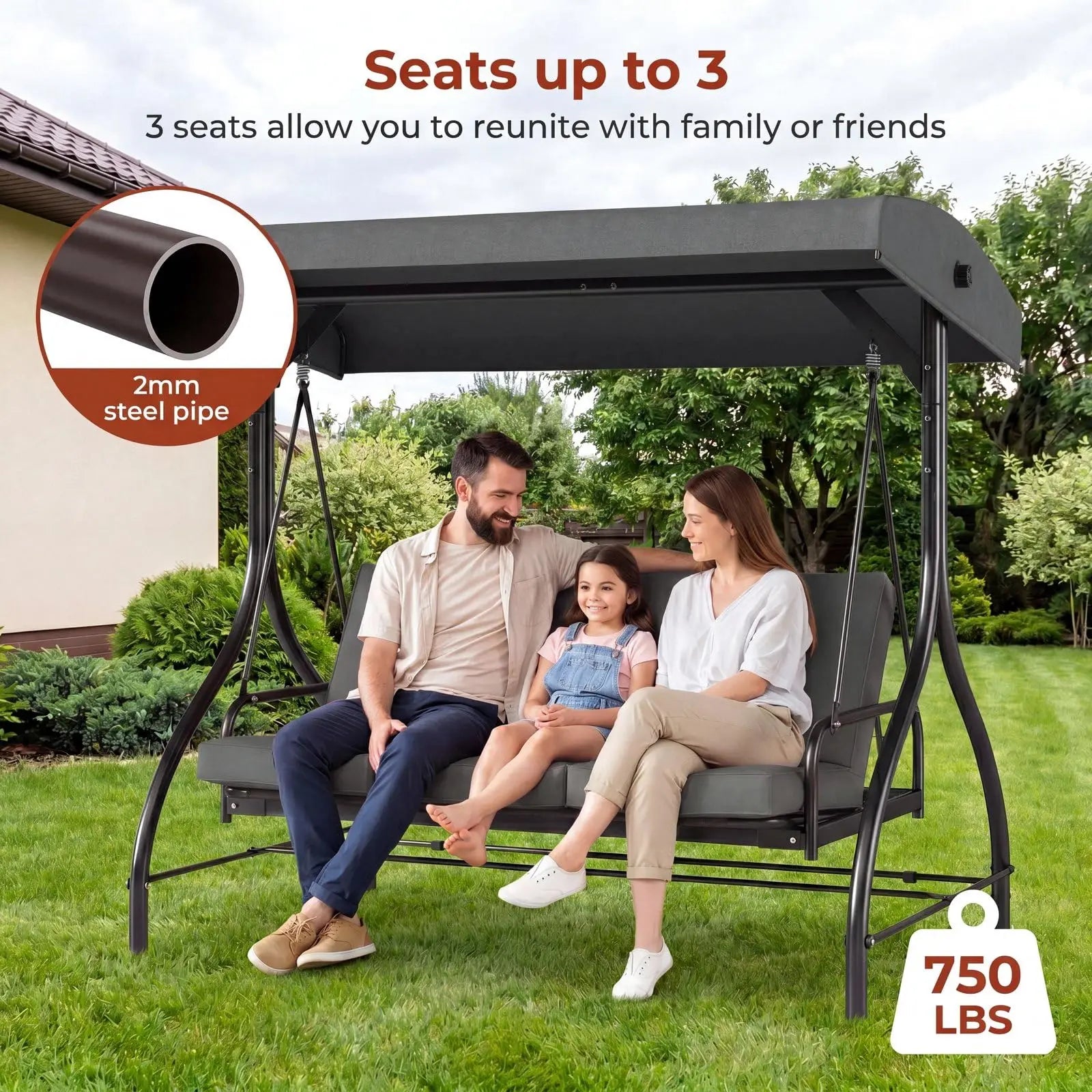3-Seat Patio Swing with Adjustable Canopy, Backrest , Converting Bed, Thickened Removable Cushions, Up to 750LBS