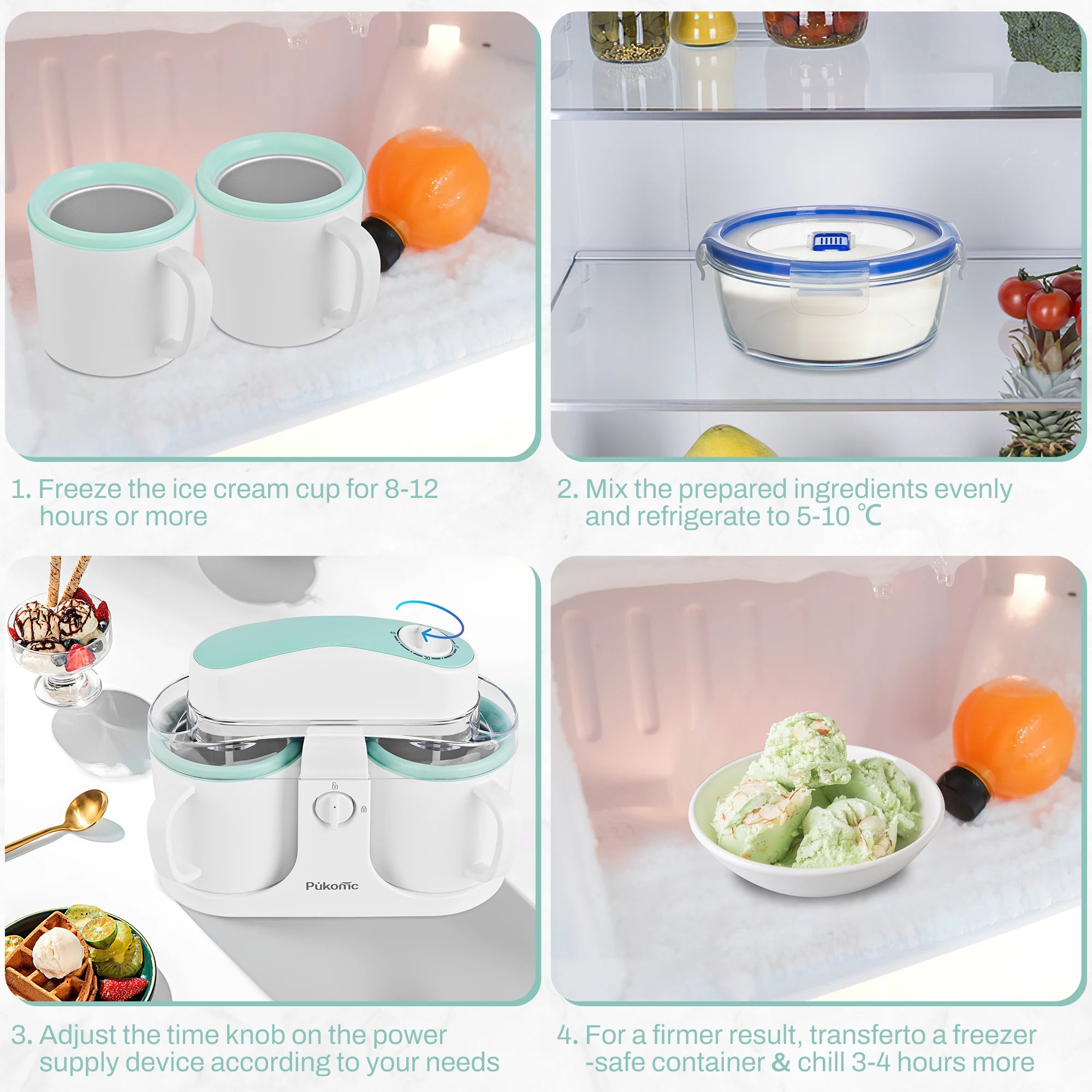 Automatic Ice Cream Maker with Built-in Compressor, Dual 500ml Cups with Timer, 120V US