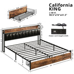 California King Size Bed Frame, Storage Headboard with Charging Station, Platform Bed with Drawers, No Box Spring Needed