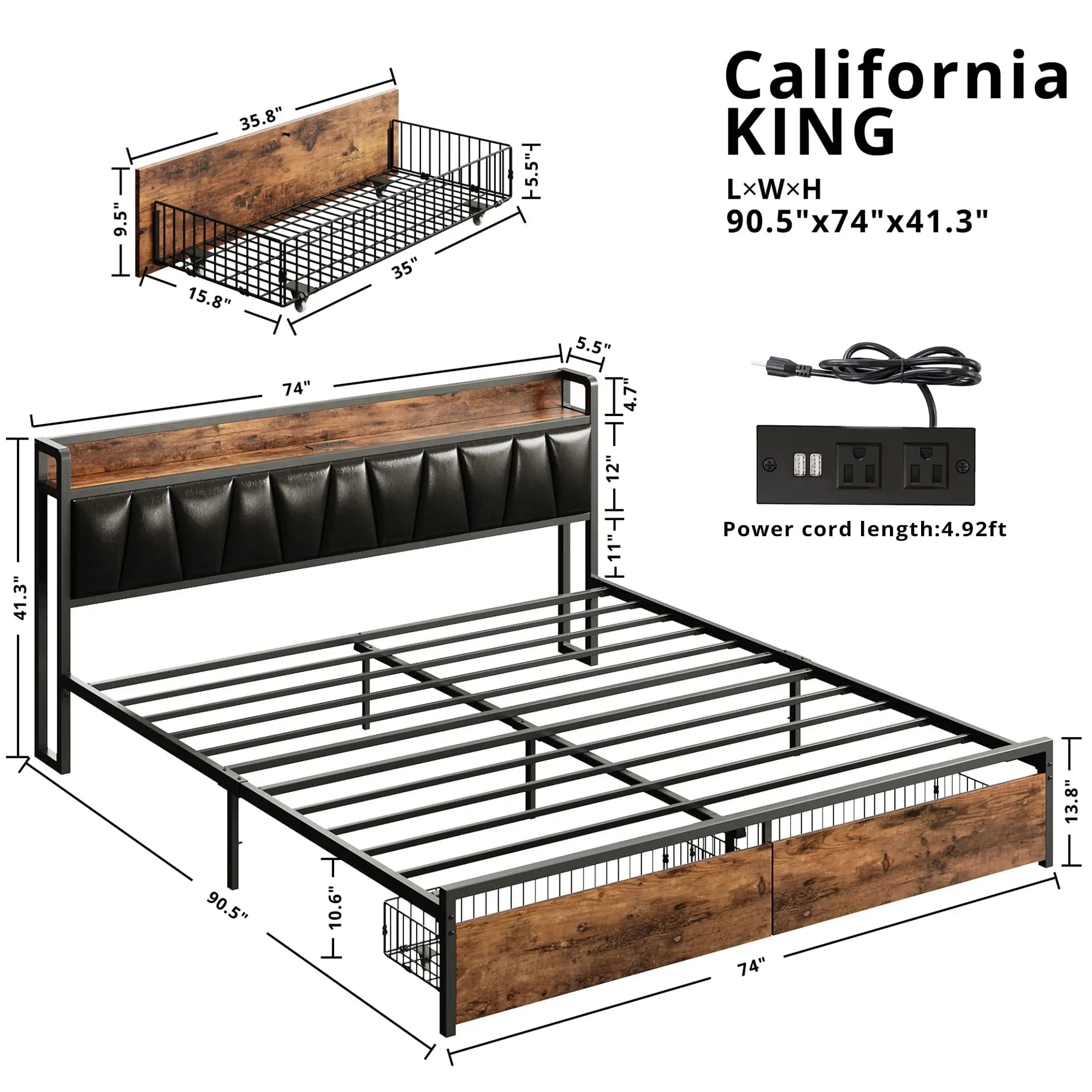 California King Size Bed Frame, Storage Headboard with Charging Station, Platform Bed with Drawers, No Box Spring Needed