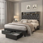 Queen LED Bed Frame with Storage, Star Projector, Charging Station, 2-Tier Headboard, PU Leather Bed