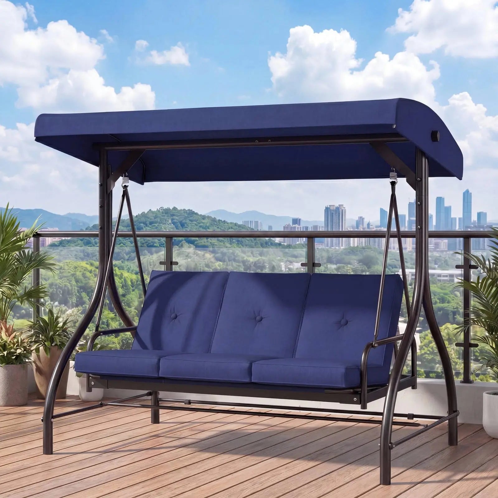 3-Seat Patio Swing with Adjustable Canopy, Backrest , Converting Bed, Thickened Removable Cushions, Up to 750LBS