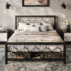 Metal Platform Bed Frame with Vintage Circular Design Headboard and Footboard, Extra Under-Bed Storage