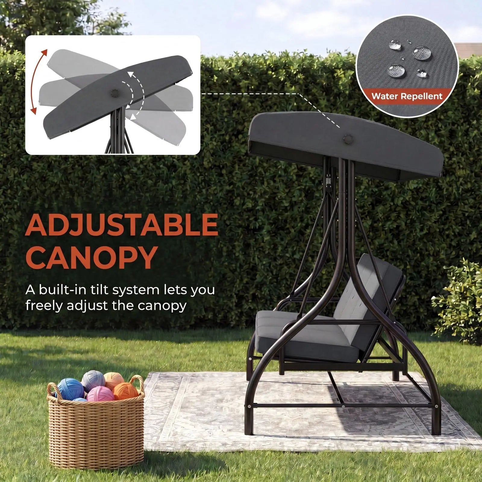 3-Seat Patio Swing with Adjustable Canopy, Backrest , Converting Bed, Thickened Removable Cushions, Up to 750LBS