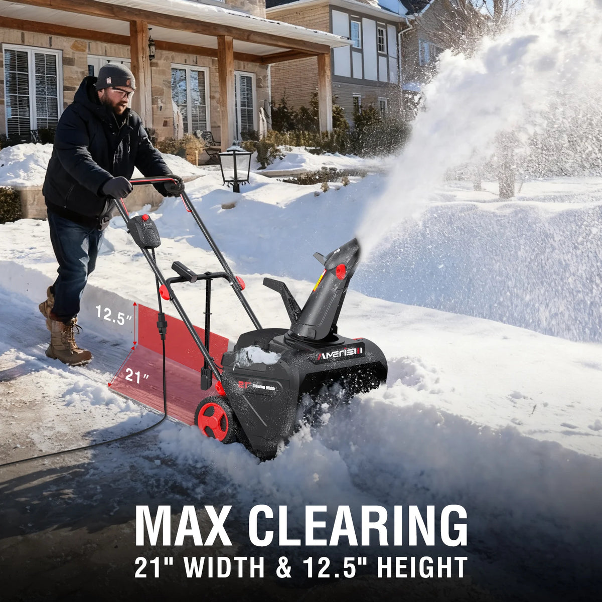 PowerSmart 15A Electric Snow Thrower, 21" Snow Blower with 180° Chute, LED Light, Lightweight for Yard, Driveway & Sidewalk