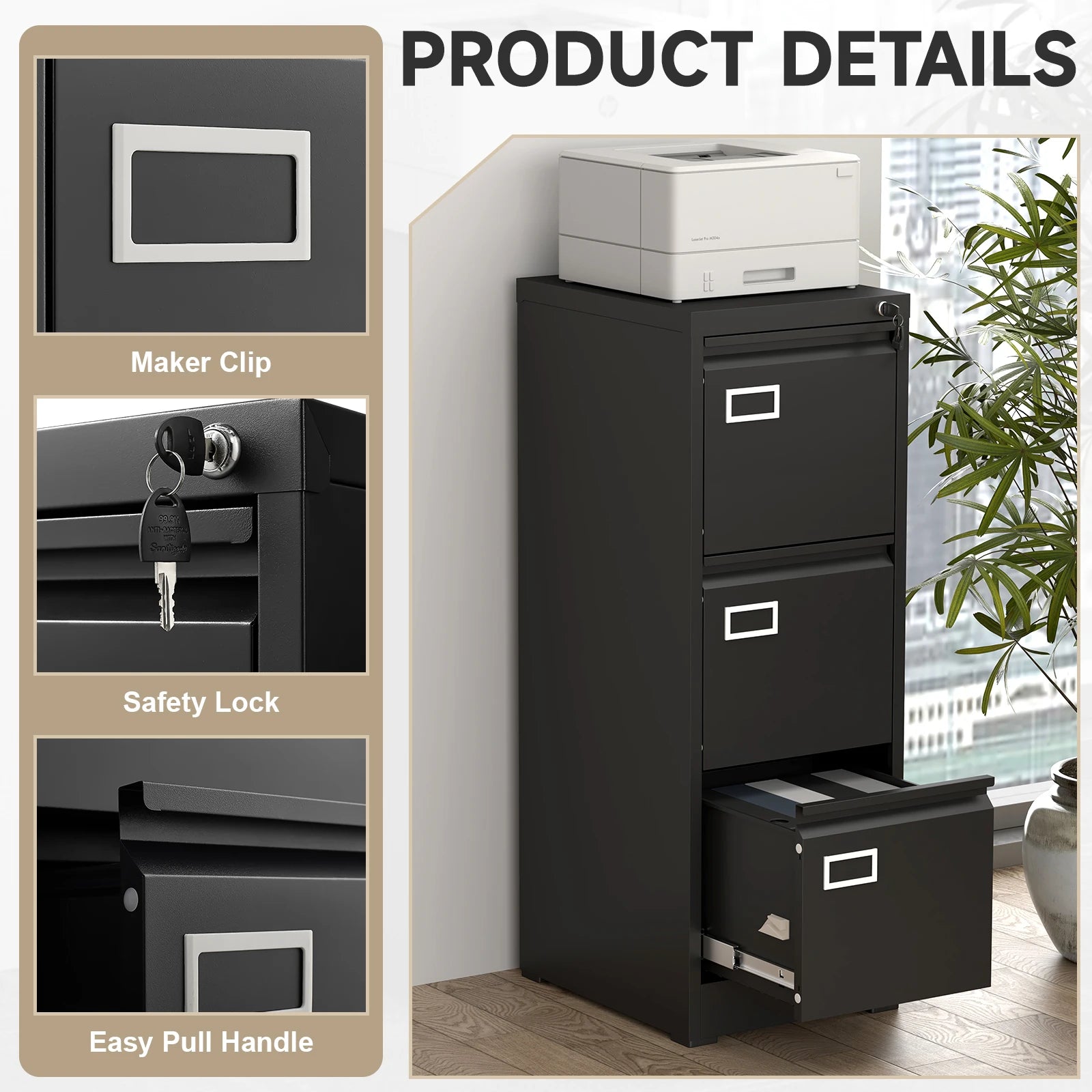 Mobile Metal File Cabinet with 3 Drawers and Lock