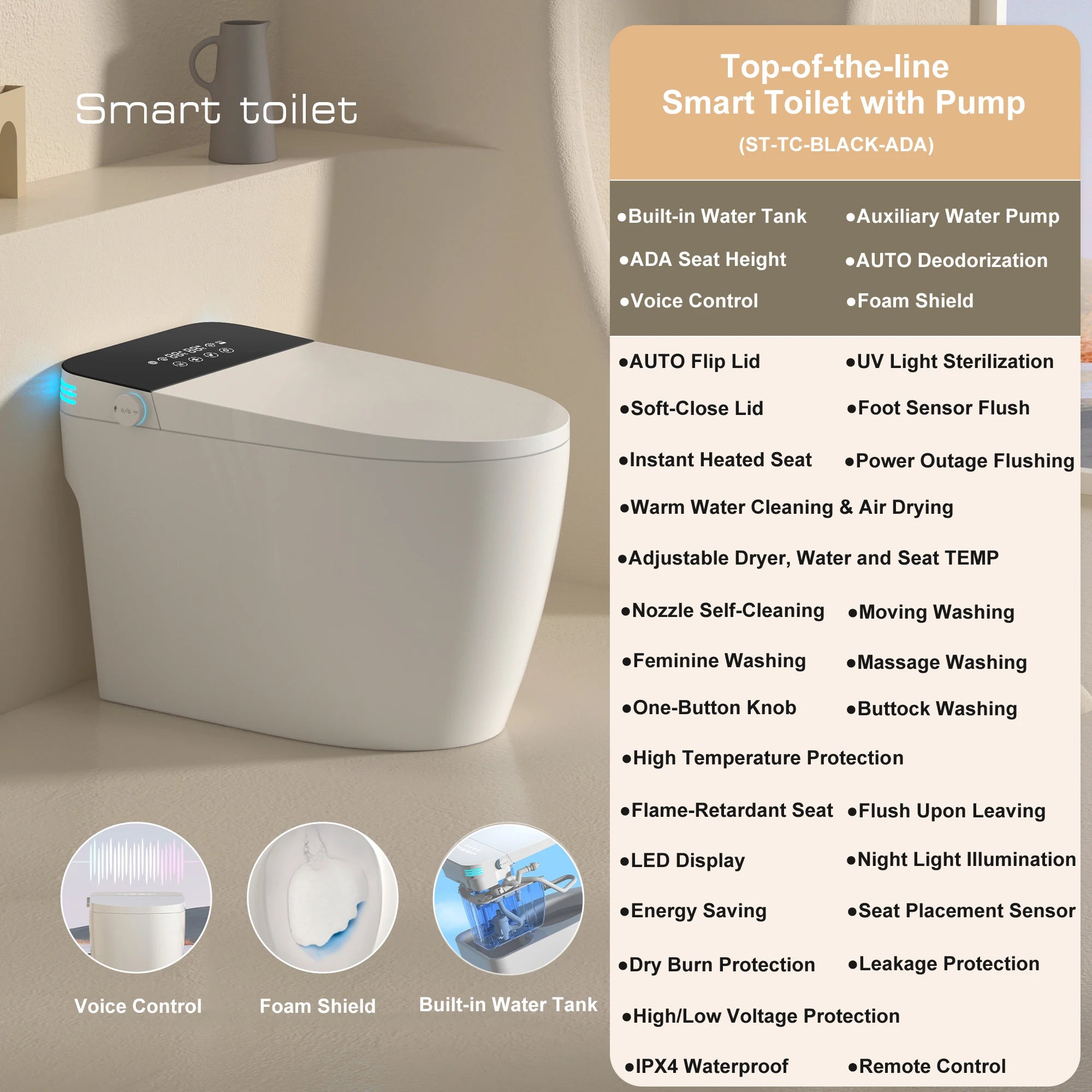 Smart Toilet with Built-in Bidet, AUTO Open/Close, Warm Water Sprayer, AUTO Dual Flush, Heated Bidet Toilet Seat