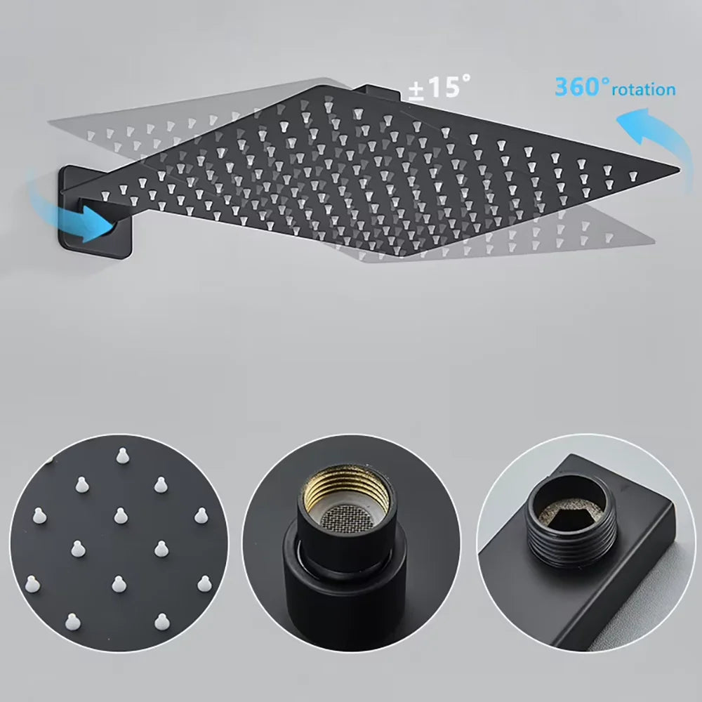 Embedded Wall Shower System Matte Black Square Rainfall Shower Set Concealed Bathroom Shower Faucet With Handheld Sprayer Rough In Valve