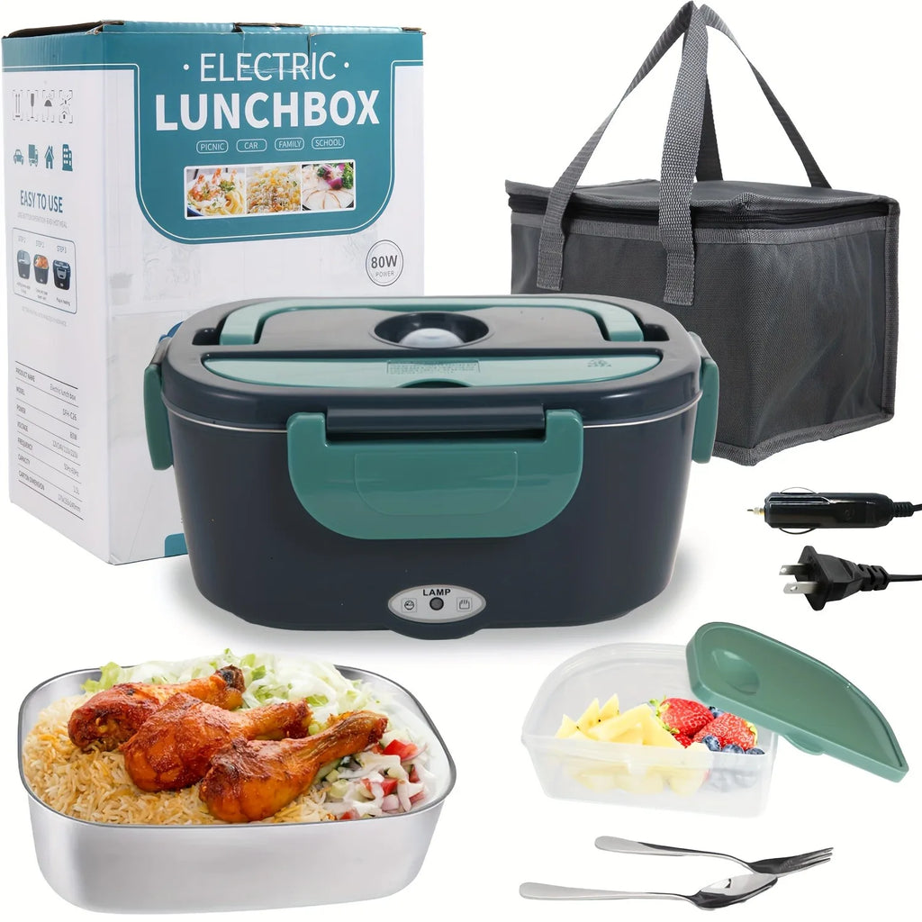 1.5L Electric Lunch Box, 110V/12V/24V Heated Stainless Steel Meal Prep Container with Bag & Fork