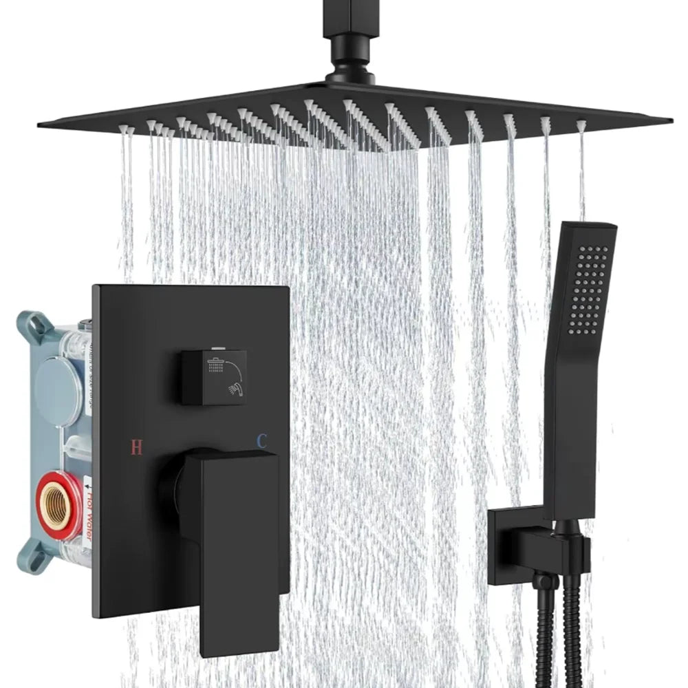 Embedded Wall Shower System Matte Black Square Rainfall Shower Set Concealed Bathroom Shower Faucet With Handheld Sprayer Rough In Valve