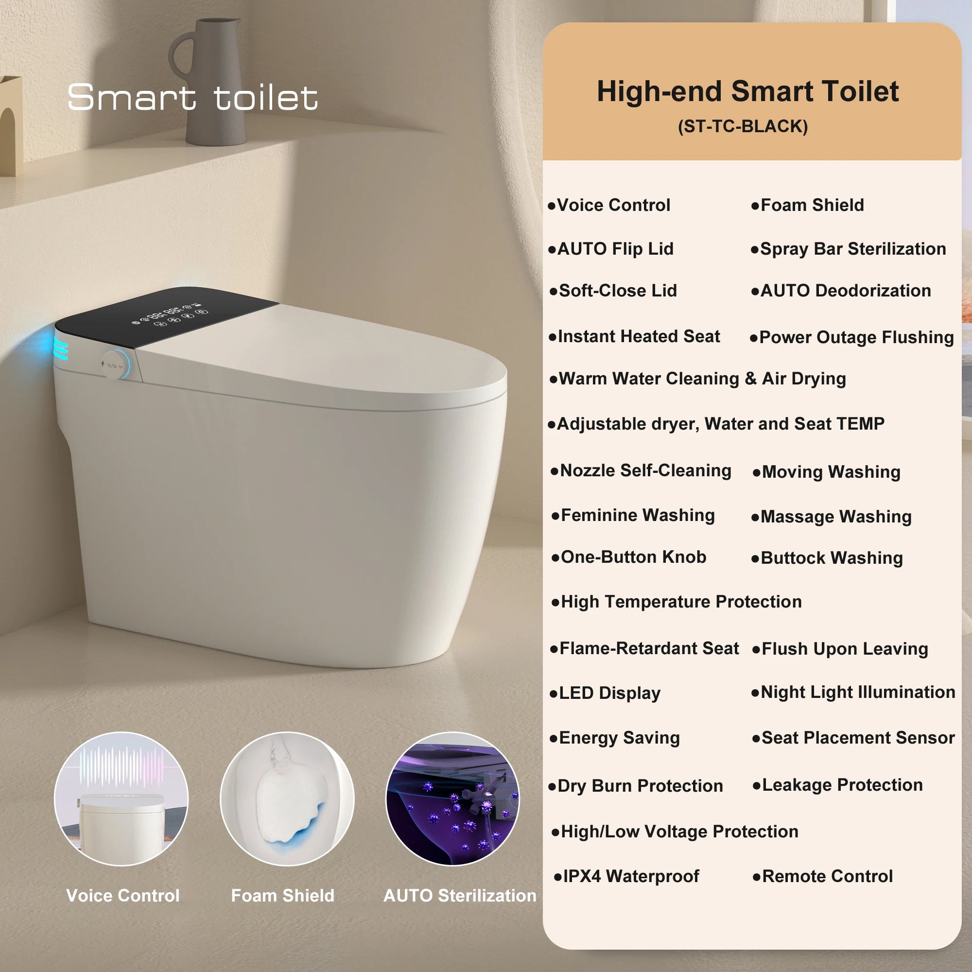 Smart Toilet with Built-in Bidet, AUTO Open/Close, Warm Water Sprayer, AUTO Dual Flush, Heated Bidet Toilet Seat