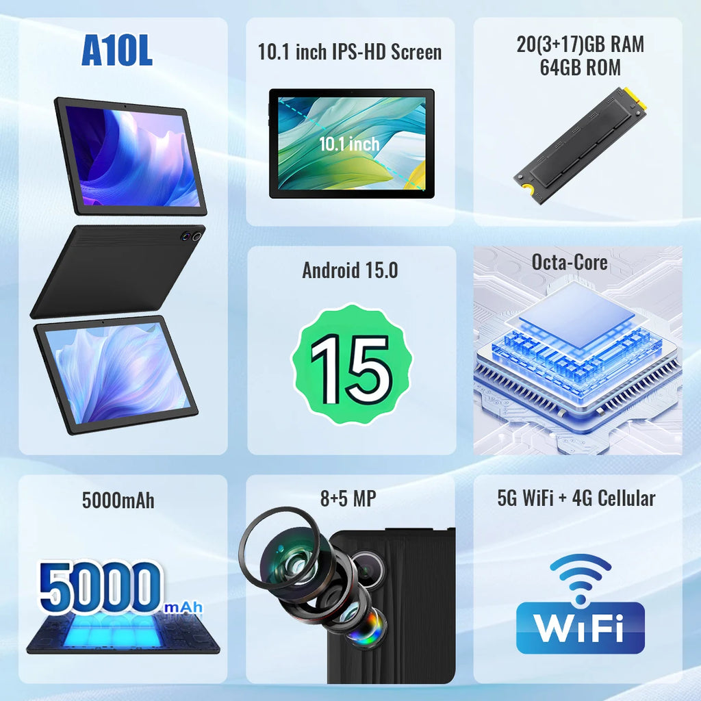 2026 Newest Android 15 Tablet 10 Inch 20GB+64GB Expandable 1TB WidevineL1 GMS 5000mAh Stylus Keyboard Mouse Headphones Case Set
