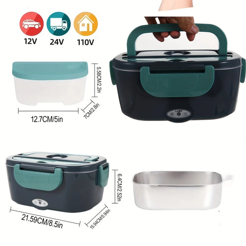 1.5L Electric Lunch Box, 110V/12V/24V Heated Stainless Steel Meal Prep Container with Bag & Fork