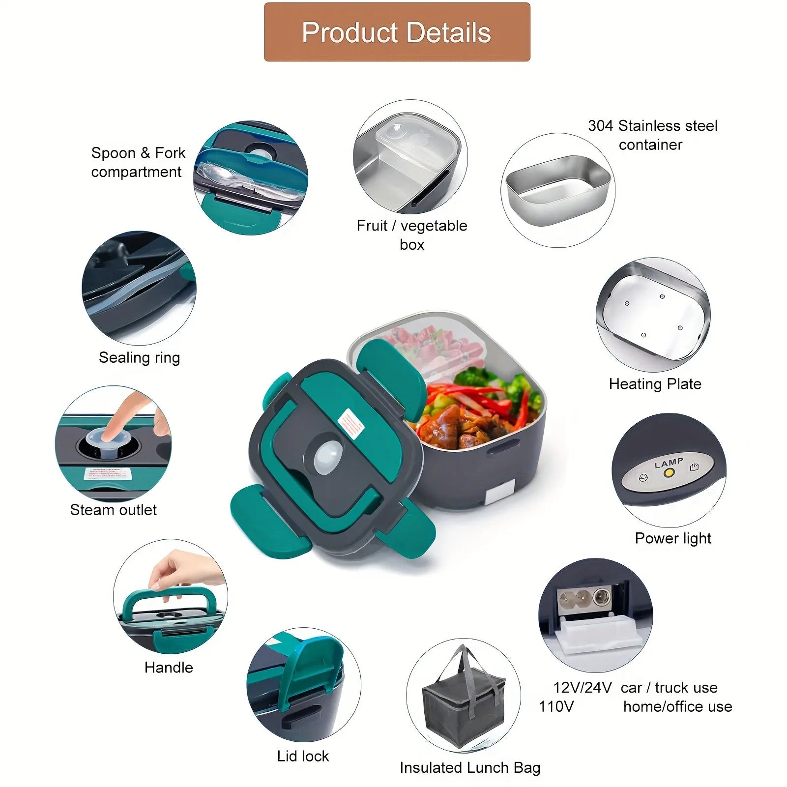 1.5L Electric Lunch Box, 110V/12V/24V Heated Stainless Steel Meal Prep Container with Bag & Fork