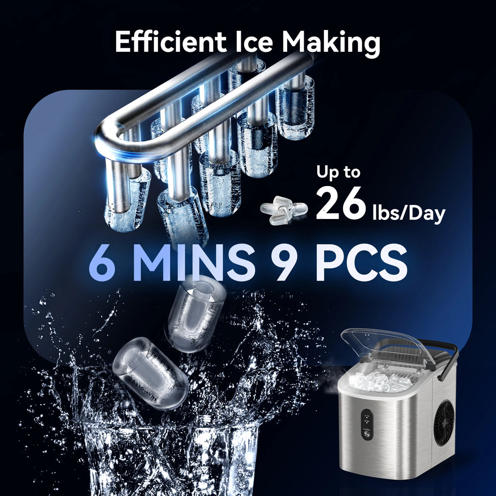 Portable Countertop Ice Maker with Handle, 26 lbs/24H, 9 Cubes in 6 Mins, Auto-Cleaning