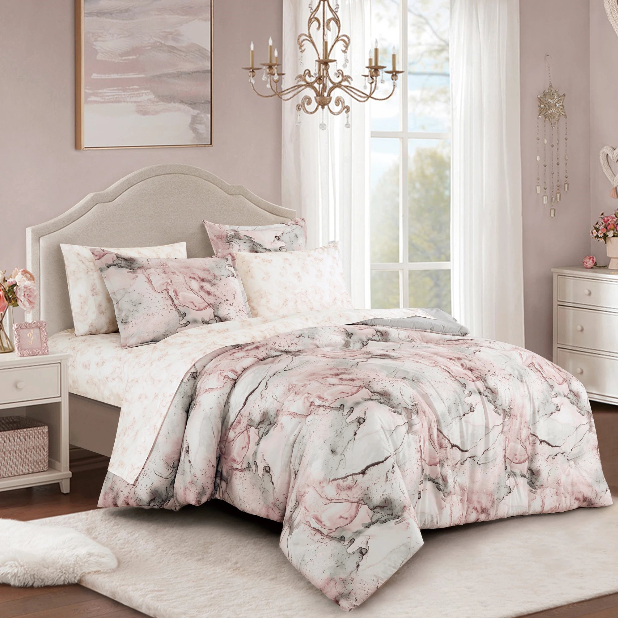 7 Piece Bed in a Bag Comforter Set, Marble Pattern Bedding Set with Sheets, Pink Grey All Season Bed Set for Bedroom
