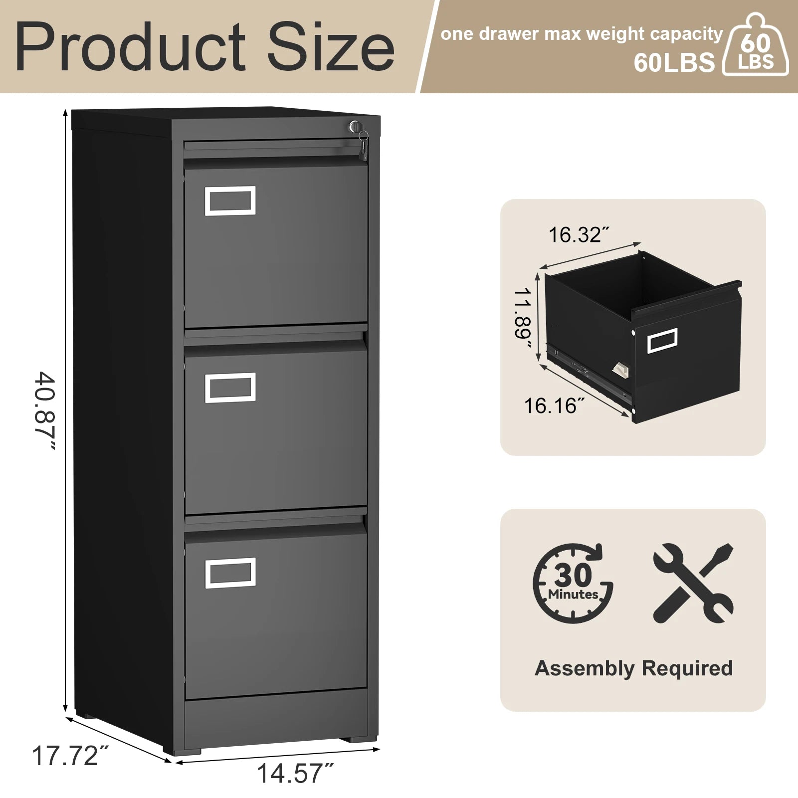 Mobile Metal File Cabinet with 3 Drawers and Lock