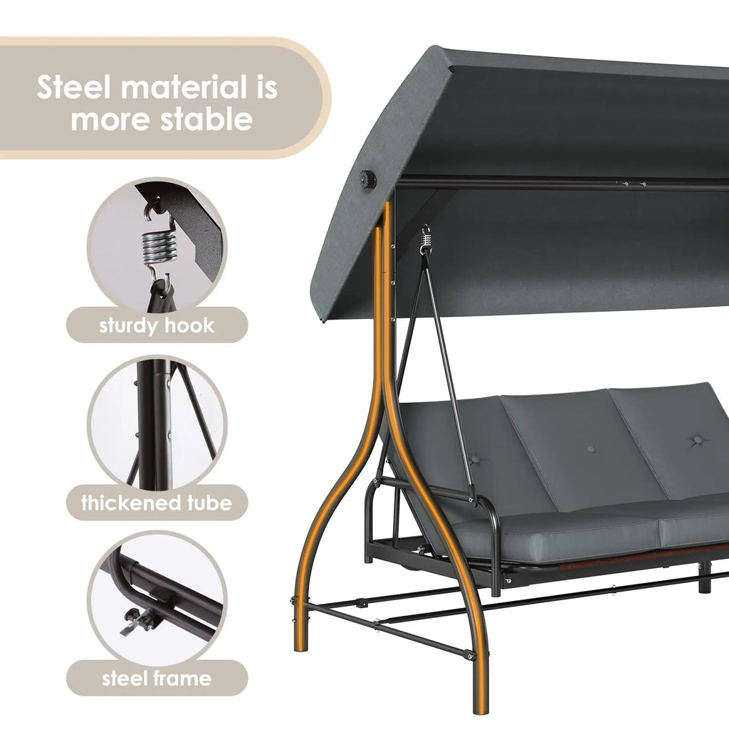 3-Seat Patio Swing with Adjustable Canopy, Backrest , Converting Bed, Thickened Removable Cushions, Up to 750LBS