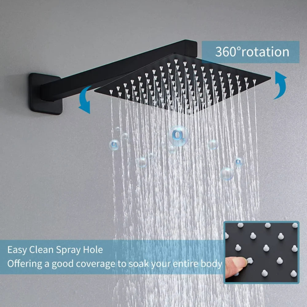 Embedded Wall Shower System Matte Black Square Rainfall Shower Set Concealed Bathroom Shower Faucet With Handheld Sprayer Rough In Valve