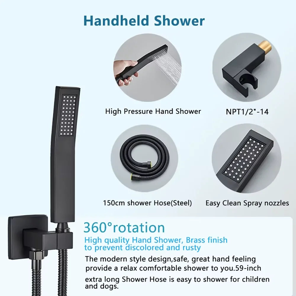 Embedded Wall Shower System Matte Black Square Rainfall Shower Set Concealed Bathroom Shower Faucet With Handheld Sprayer Rough In Valve