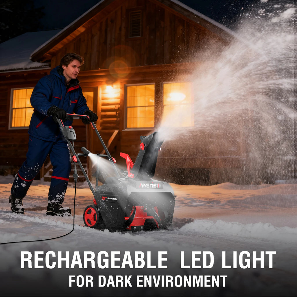 PowerSmart 15A Electric Snow Thrower, 21" Snow Blower with 180° Chute, LED Light, Lightweight for Yard, Driveway & Sidewalk