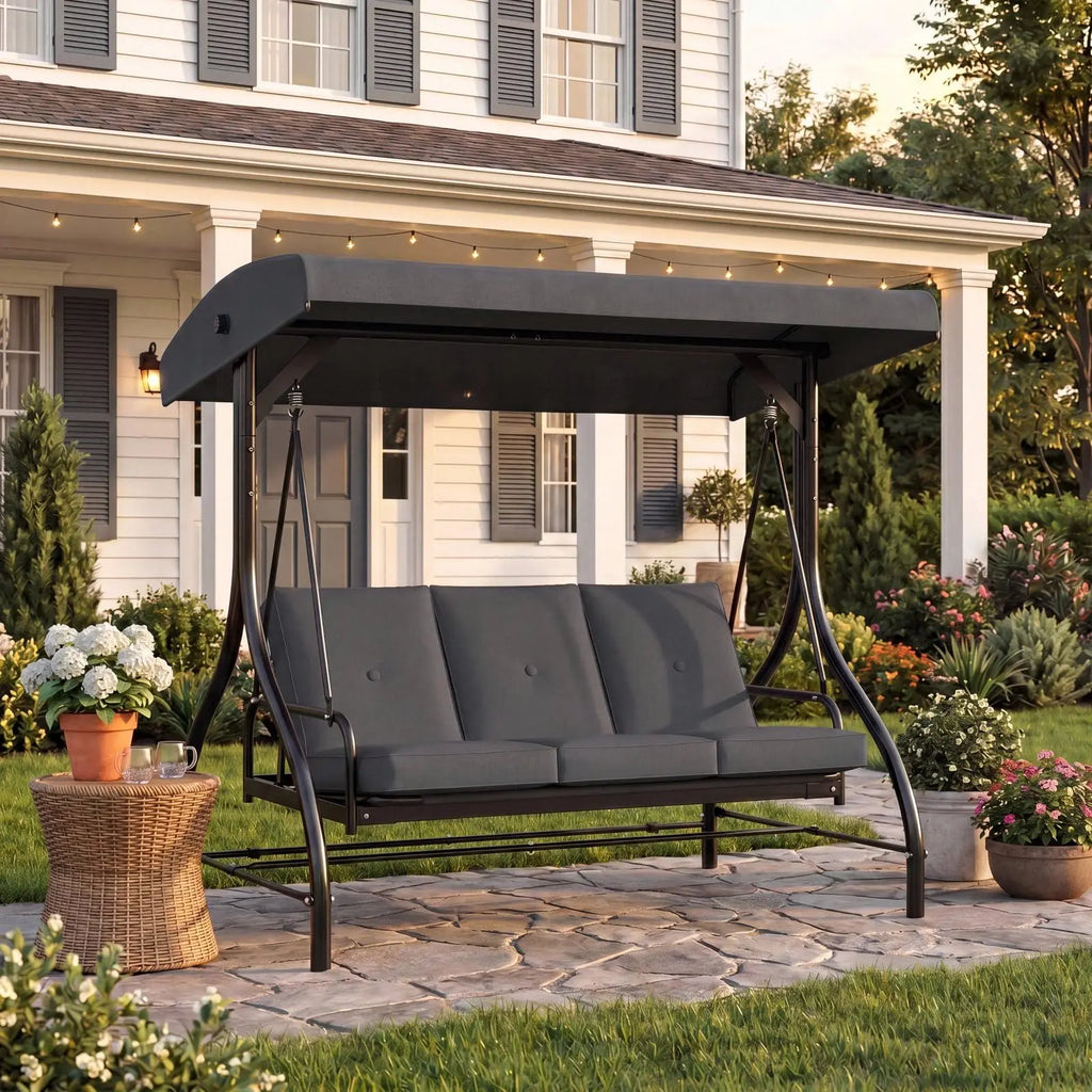 3-Seat Patio Swing with Adjustable Canopy, Backrest , Converting Bed, Thickened Removable Cushions, Up to 750LBS