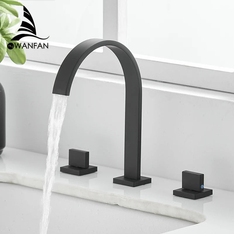 Deck Mounted Square Bathroom Sink Faucets 3 Hole Double Handle Hot And Cold Water Tap