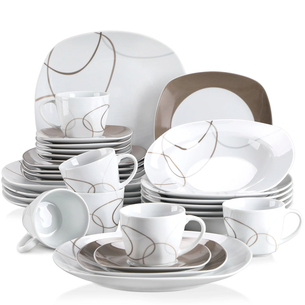 30-Piece Porcelain Ceramic Kitchen Dinner Plate Set with 6pcs Dessert Plates/Soup Plates/Dinner Plates/Cups/Saucers