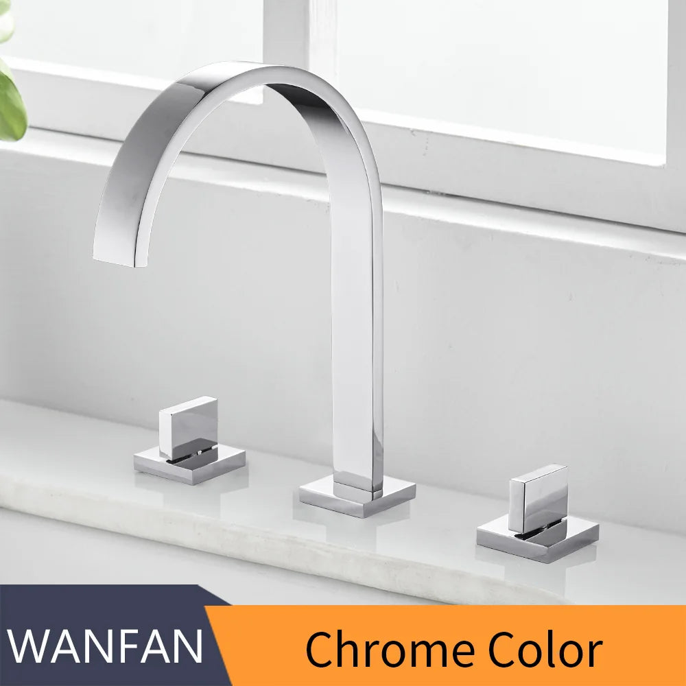 Deck Mounted Square Bathroom Sink Faucets 3 Hole Double Handle Hot And Cold Water Tap