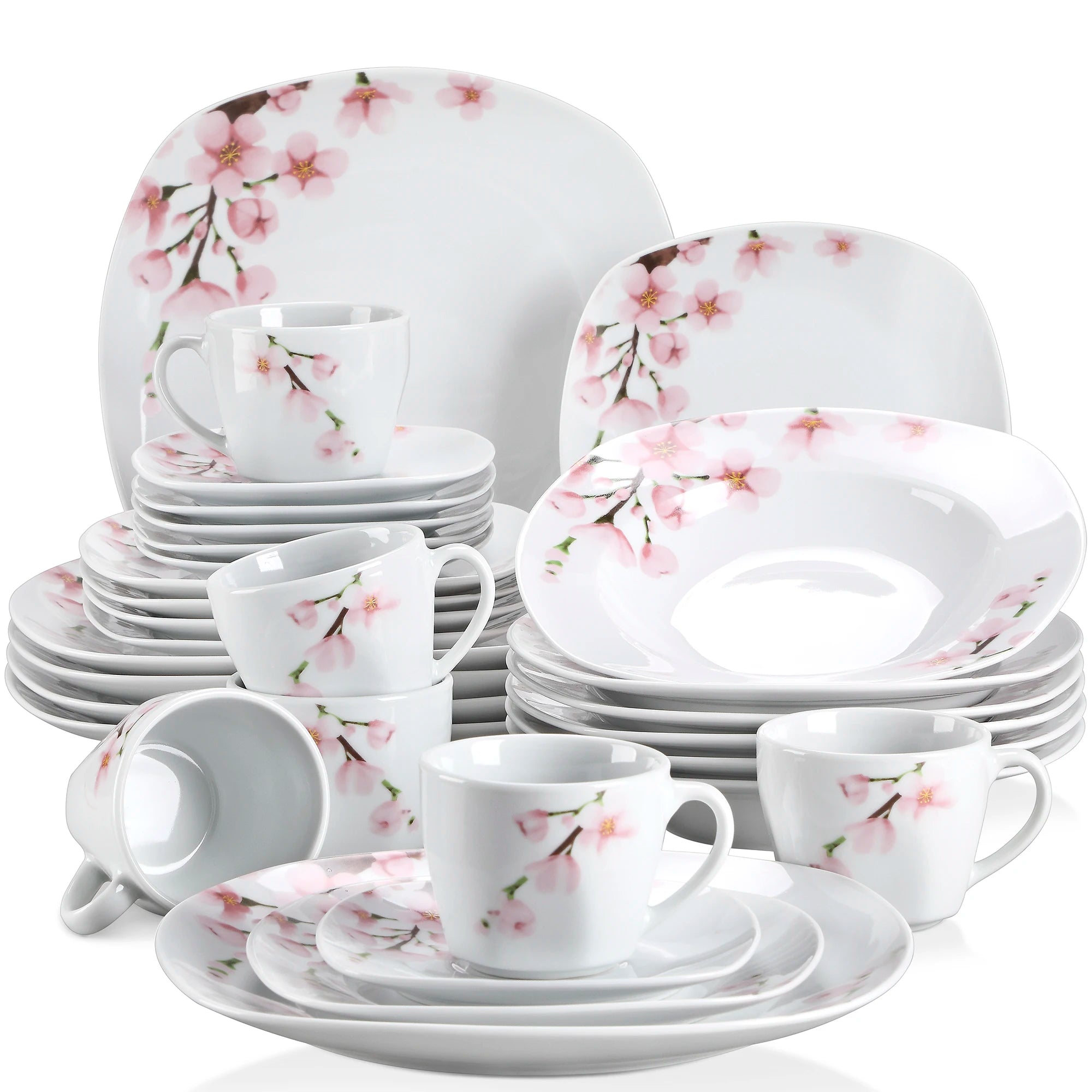 60-Piece White Ceramic Pink Floral Porcelain Plate Set